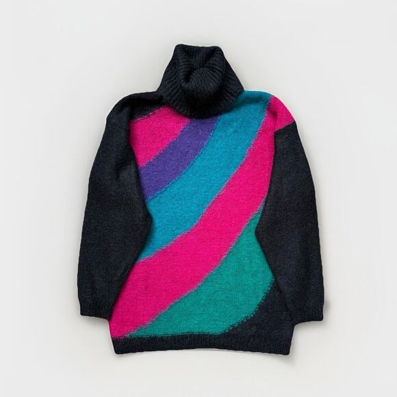 VTG 90s Mohair Wool Blend Knit Sweater S Abstract Art Stripe Rainbow Turtle Neck - Picture 1 of 7